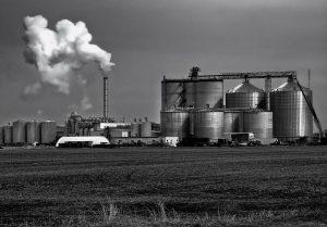 Black and white image of a farm showing ethanol for winterization