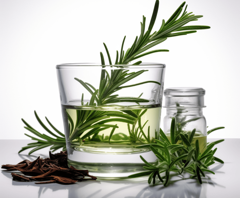 Simple Solvents ethanol and sprig of rosemary in a glass