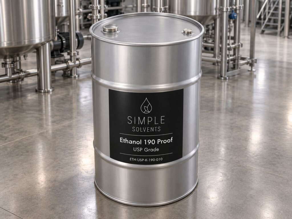 Ethanol USP Grade 190 Proof bulk 55 gallon drum for sale from Simple Solvents
