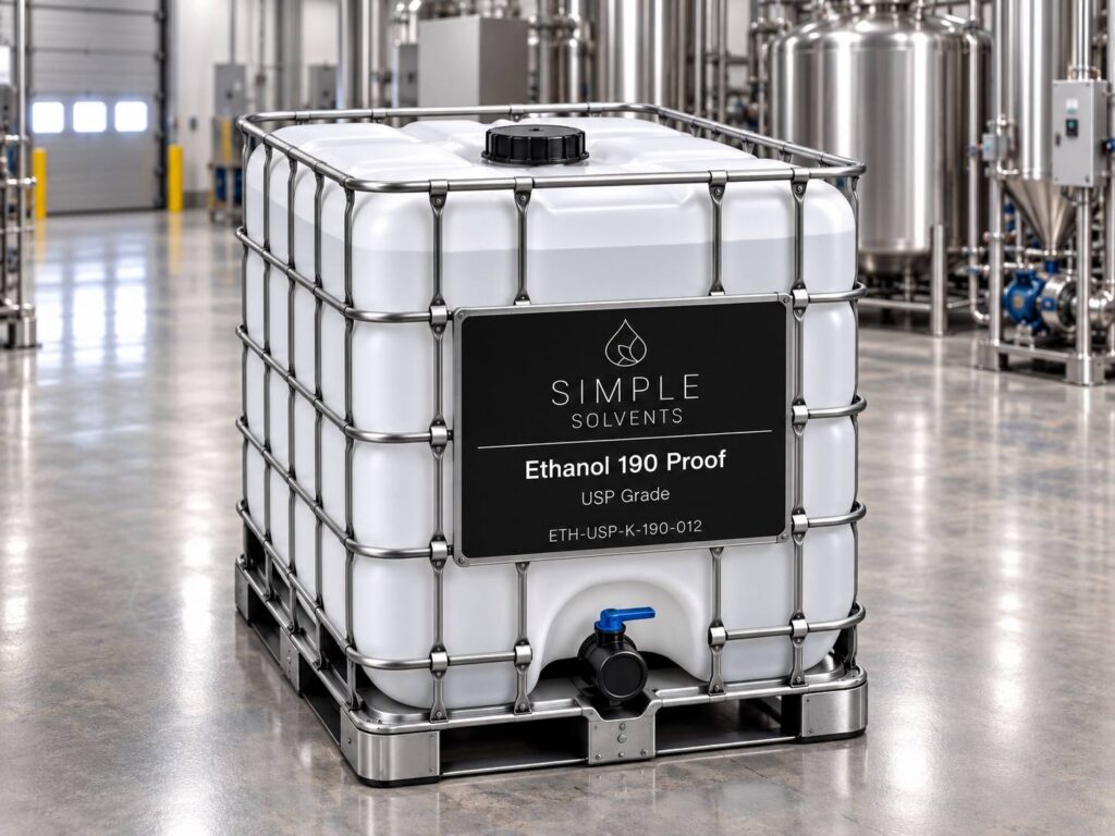 Ethanol USP Grade 190 Proof bulk 270 gallon tote for sale from Simple Solvents