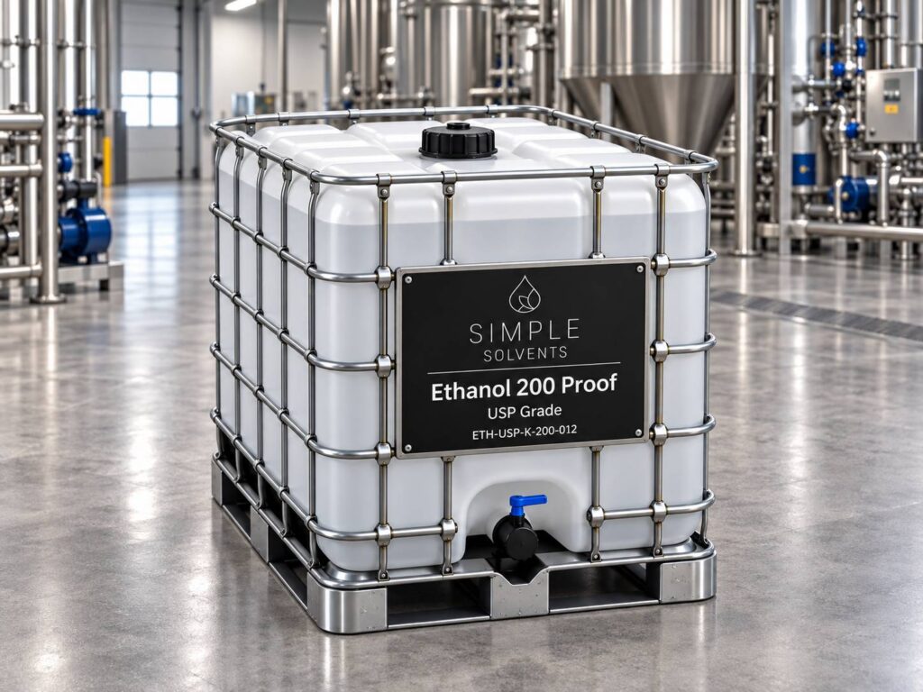 Ethanol USP Grade 200 Proof bulk 270 gallon tote for sale from Simple Solvents