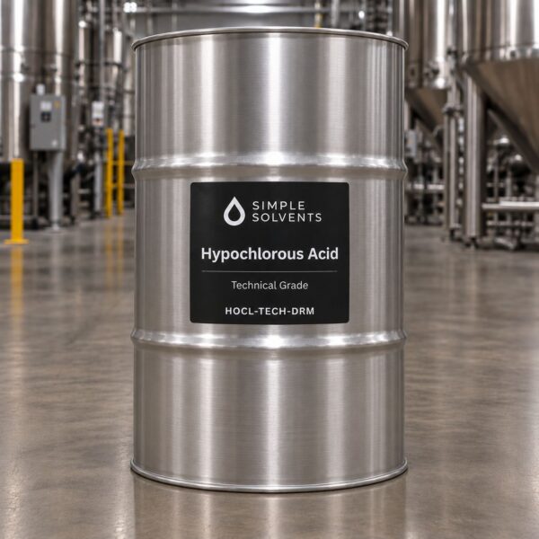 Hypochlorous Acid (HOCl) 55 Gallon Drum | Simple Solvents 55 gallon steel drum of Hypochlorous Acid (HOCl) Technical Grade sanitizing solution from Simple Solvents