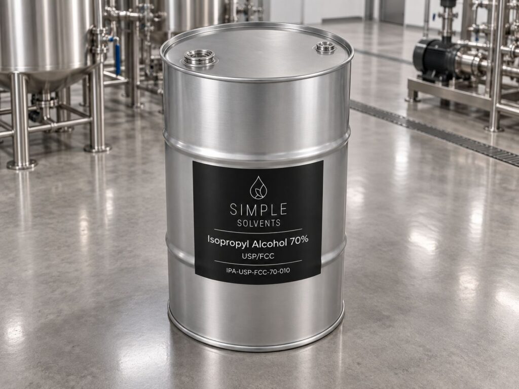 Isopropyl Alcohol 70% USP/FCC Grade bulk 55 gallon drum for sale from Simple Solvents