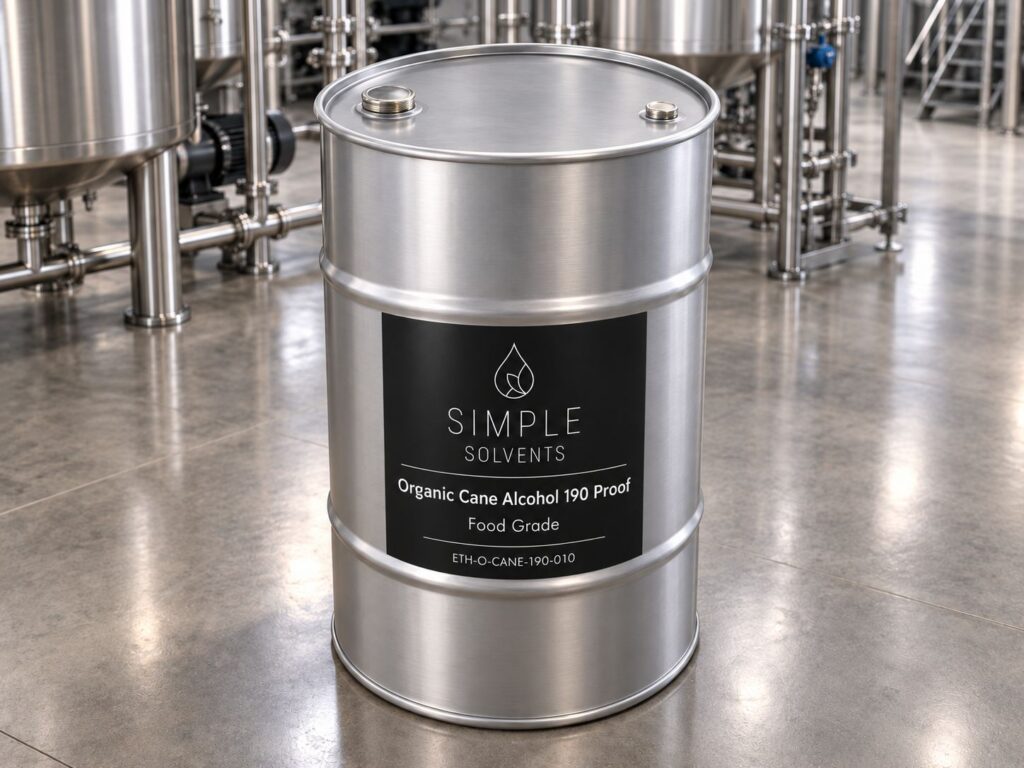 Organic Cane Alcohol 190 Proof bulk 55 gallon drum for sale from Simple Solvents