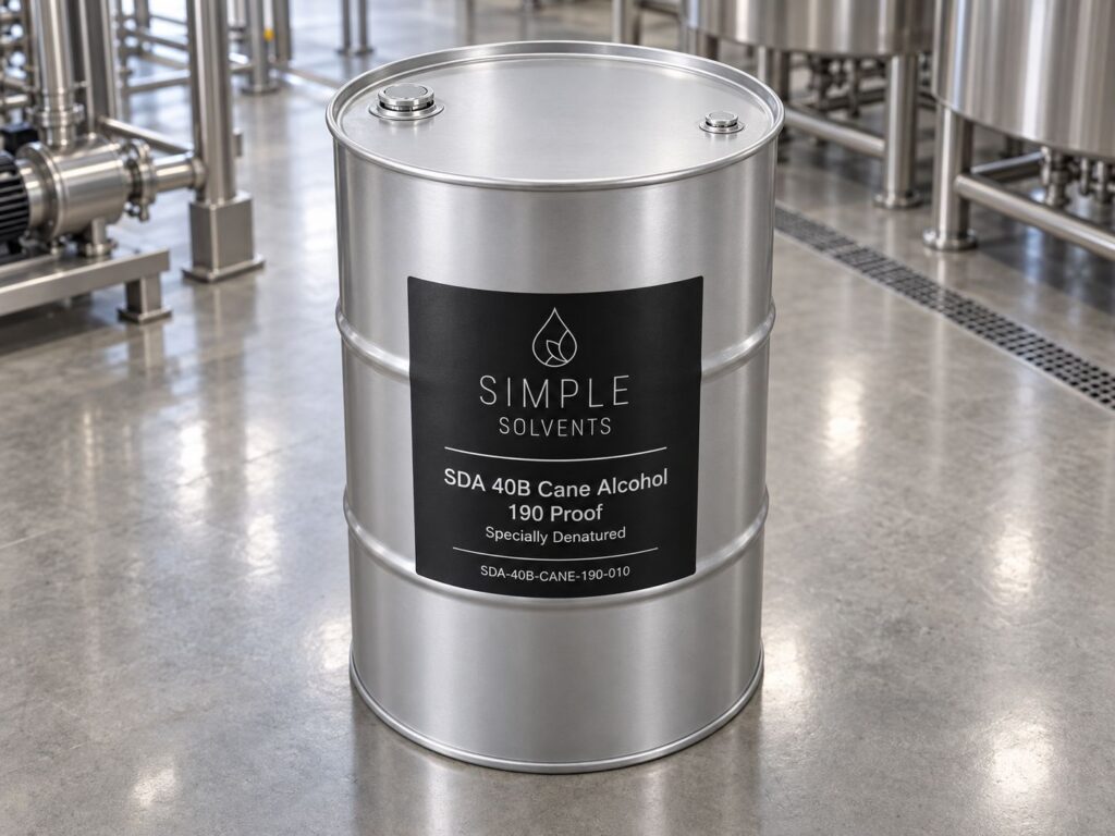 SDA 40B Sugar Cane Alcohol 190 Proof bulk 55 gallon drum for sale from Simple Solvents