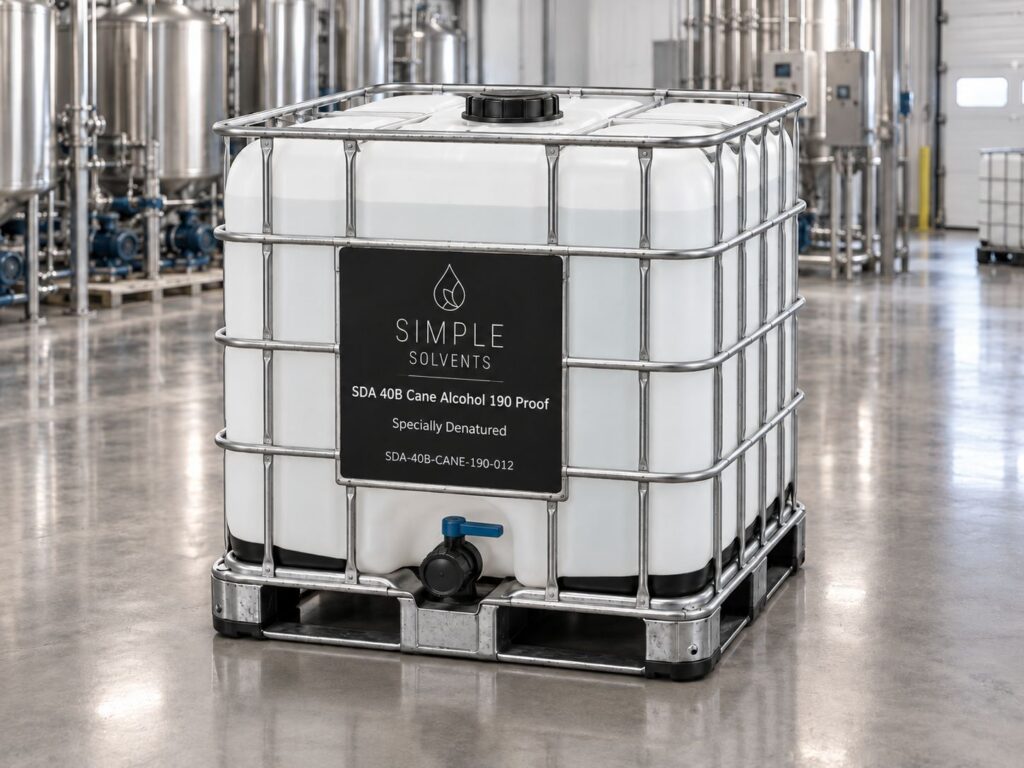 SDA 40B Sugar Cane Alcohol 190 Proof bulk 270 gallon tote for sale from Simple Solvents